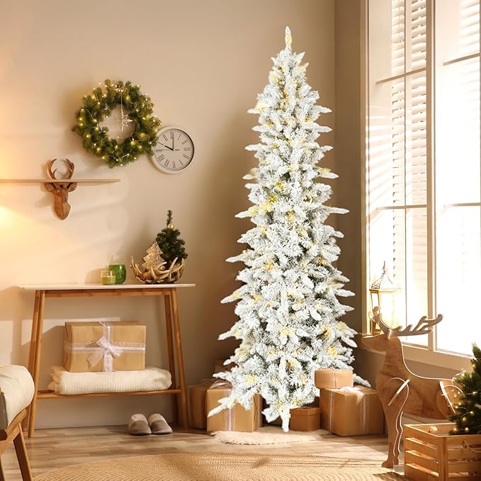 Fraser Hill Farm 6.5-Ft. Slim Mountain Pine Flocked Artificial Christmas Tree with Warm White LED Lights and Stand, Prelit Foldable Fake Tree with Realistic Snowy Foliage for Home Decoration