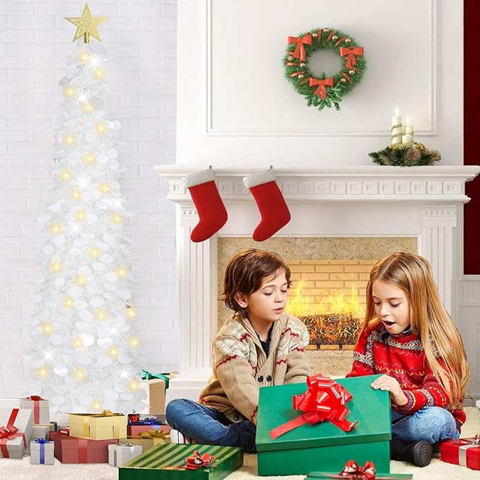 HMASYO 5 FT Pop Up Christmas Tree with Timer Lights, White Christmas Tinsel Tree, Collapsible Artificial Pencil Christmas Tree for Indoor Home Apartment Porch Holiday Party Decorations