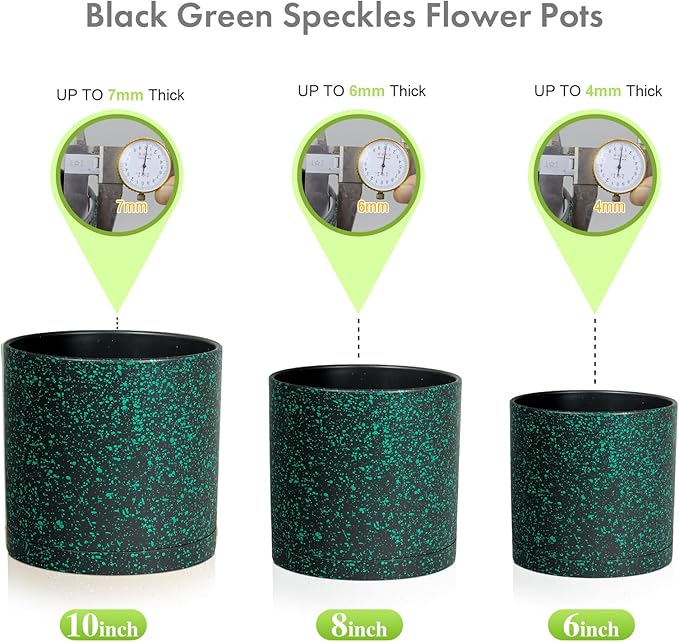10/8/6 inch Large Deep Plant Pots for Outdoor Indoor Plants, 3 Pack Tall Cylinder Flower Pots, Plastic Planters with Drainage Holes and Saucers for Garden House, Black with Green Speckles