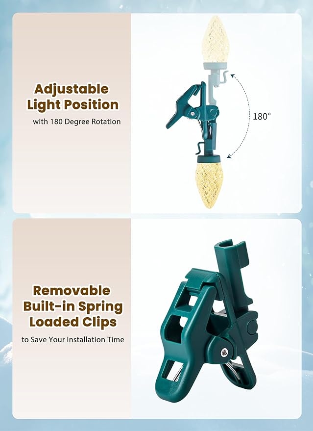 C9 LED Christmas Lights Outdoor, 66 Feet 100 LED C9 String Lights with 100 Spring Clips, Waterproof Connectable Christmas Tree Lights for Outside Roofline Patio Home Xmas Decor, Warm White 2 Pack