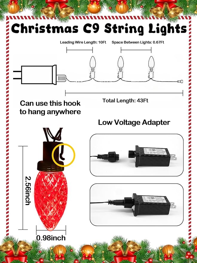 2-Pack Connectable C9 Christmas Lights Outdoor Indoor, 66 FT 100 LED Christmas String Lights Plug in with 8 Modes & Timer, Waterproof Fairy Twinkle Light for Xmas Tree Yard Decorations (Red and White)