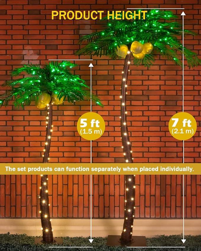 Lighted Palm Tree Set 5ft and 7ft with Glowing Coconuts - Dimmable, UL Certified, Waterproof - Ideal for Indoor and Outdoor Decoration