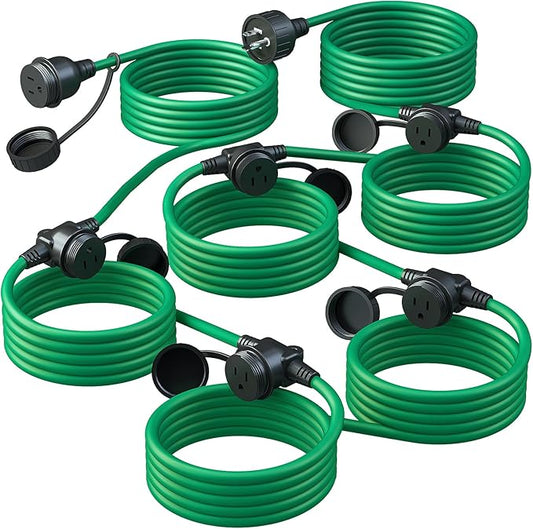 50FT Green Outdoor Extension Cord, Evenly Spaced 6 Outlets Plugs with Waterproof Cover, 16/3 SJTW Weatherproof Multiple Outlets Wire for Holiday Light and Halloween Christmas Decoration, ETL Listed