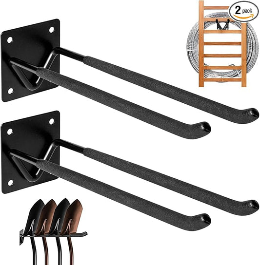 2Pcs Shovel Holder Wall Mount, Ladder Hangers, Rake Racks, Large Garden Tool Hook Organizers, Heavy Duty Garage Utility Hooks for Hanging Yard Tools, Chairs, Bikes and More