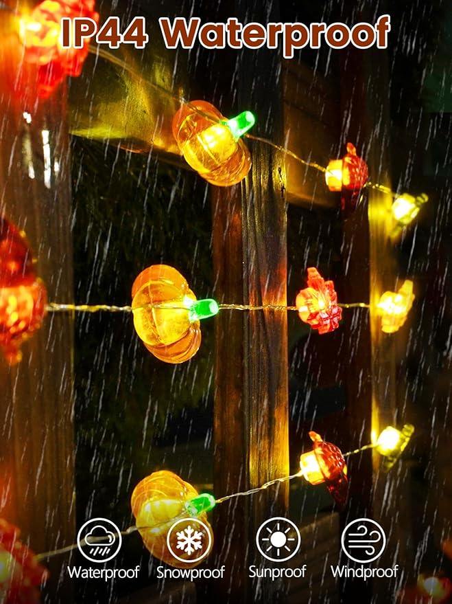 2 Pack 60LED Fall Decoration 3D Pumpkin Acorn Maple Leaf String Light Battery Operated, 20FT Fall Lights with Remote, Waterproof 8 Modes Fairy Lights for Autumn Harvest Thanksgiving Halloween Decor