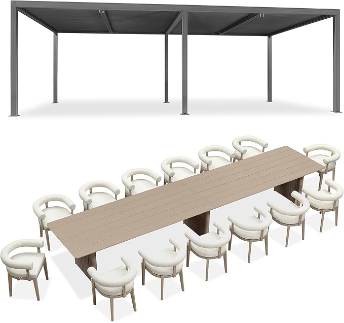 PURPLE LEAF Louvered Pergola 12' x 24' with 15 Pcs Modern Patio Dining Set Outdoor Full Aluminum Pergola with Adjustable Rainproof Roof Modern Patio Hardtop Gazebo for Deck Backyard Garden Slate Grey