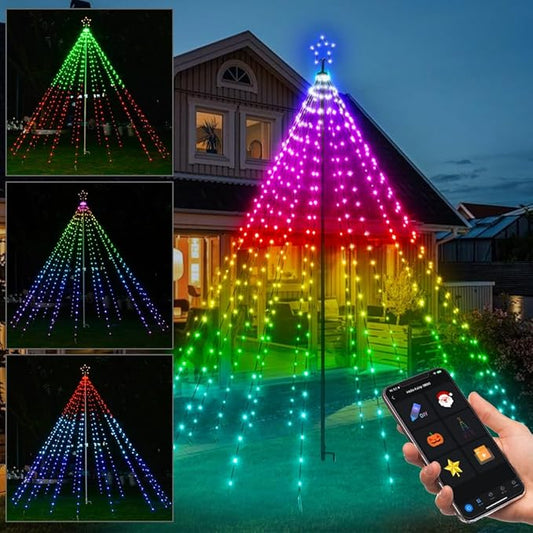 10ft Smart Outdoor Christmas Tree Lights,App&Remote Control Iron Pole Waterfall String Lights,DIY RGB Color Changing,Music Sync,Timer,Waterproof Star Tree Lights for Yard,Party,Holiday,Xmas Decor