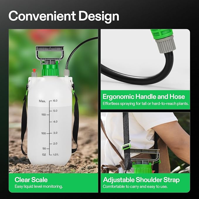 VIVOSUN 1.6 Gal/6L Pump Sprayer, Garden Water Sprayer for Plants, Weeds & Lawn Care, with 3 Nozzles, 50'' Long Hose & Pressure Relief Valve