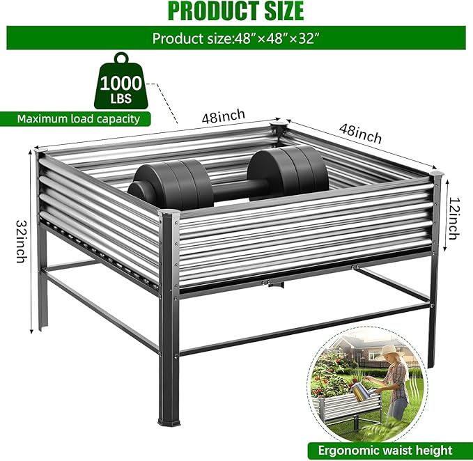 Doniks Raised Garden Bed with Legs, 48×48×32in Large Outdoor Metal Galvanized Garden Planting Box,1000lb Capacity for Vegetables Lawn Green Flowers, Fruits, Terrace