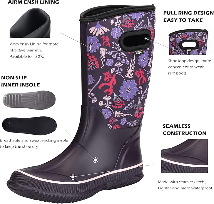 WTW Mid Calf Rain Boots for Women - Waterproof Insulated Neoprene Mud Boots Outdoor Hunting Garden Boots