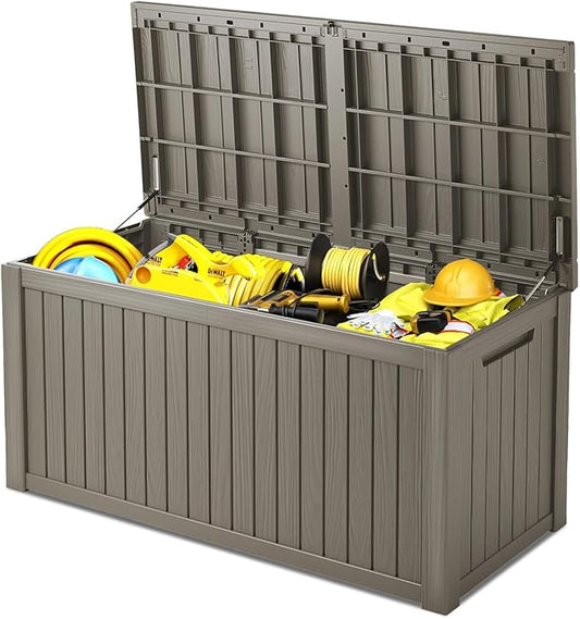 200 Gallon Deck Box, Resin Outdoor Indoor Waterproof Storage Box, Lockable Storage Box With Handle for Patio Furniture - Garden Tools - Swimming Pool Tools UV-Resistant, Brown