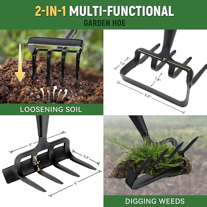Stirrup Hoe, Heavy Duty Hula Hoe with 32-62" Adjustable Long Handle, 2 in 1 Action Hoe with Cultivator Rake, Scuffle Hoe, Hula Hoe Garden Tool for Weeding Grass, Loosening Soil, Sharp Blade, Black