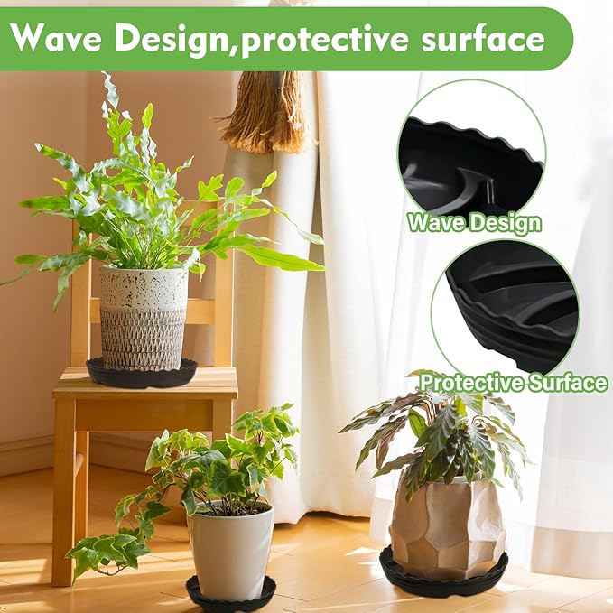 4 Pack 14 Inch Plant Trays for Pots, Raised Ridge Plant Saucers,6 8 10 12 Inch Durable Plastic Plant Pot Saucer,Black Round Plant Water Catcher Tray for Indoors and Outdoors (Black, 14‘’4pack)