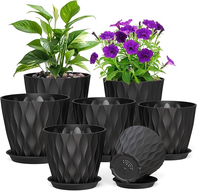 7/6.5/6/5.5/5/4.5/4 inch Plant Pots for Indoor Outdoor Plants, 7 Pack Thick Flower Pots with Drainage Holes and Saucers, Modern Wave Texture Plastic Planter Pots for Nursery, Succulent, Black