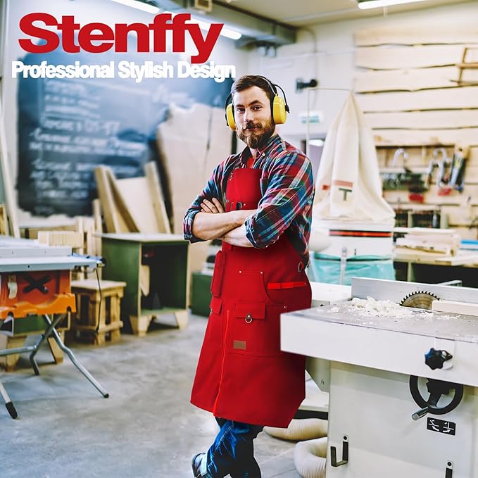 Woodworking Apron, Tool Apron, Canvas, Multiple Pockets, Adjustable Zipper, Metal Ring, Tape Measure Clip, Plus Size, Red