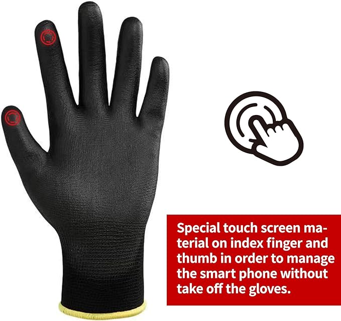 Safety Work Gloves PU Coated for Men and Women-12 Pairs,Black Seamless Knit Glove with Two Fingers Touchscreen,Ideal for General Duty Work (Medium)