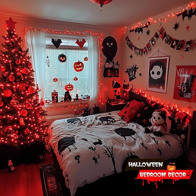 JMEXSUSS 250 LED Red Halloween Lights Indoor Outdoor Waterproof with 8 Modes, 91.5ft Expandable Red String Lights for Bedroom Tree Patio Garden Party Holiday Decorations