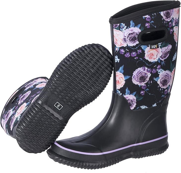 WTW Mid Calf Rain Boots for Women - Waterproof Insulated Neoprene Mud Boots Outdoor Hunting Garden Boots