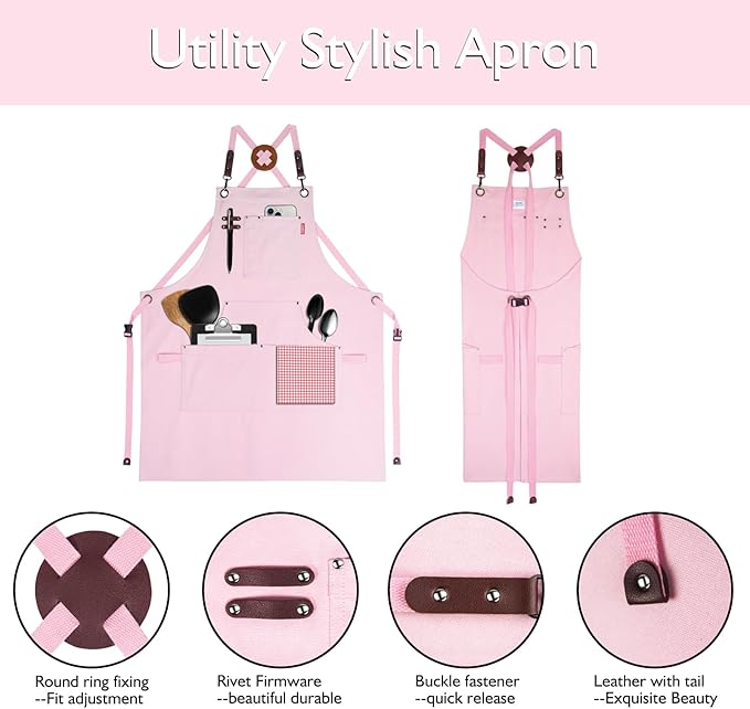 5 Pack Kitchen Apron, Work Apron, Canvas, Multiple Pockets, Gardening, Painting, BBQ, Artist, Carpenter, Sizes M to XXL, Pink
