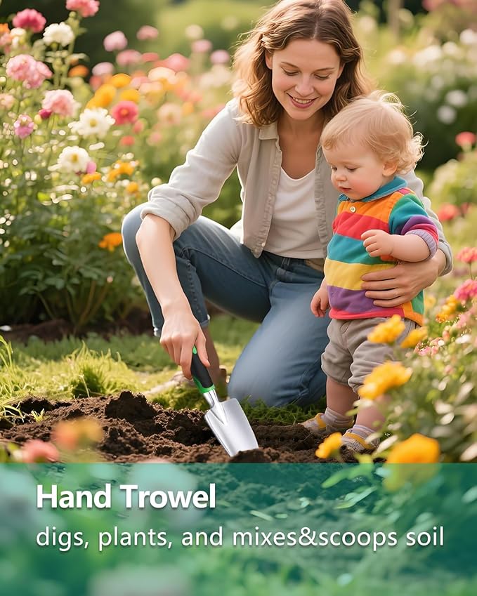 3Pcs Garden Tools, Heavy Duty Cast-Aluminum Garden Tool Set with Hand Trowel, Transplant Trowel, Cultivator Rake, Soft Rubber Ergonomic Non-Slip Handle, Ideal Gardening Gifts for Home Gardeners