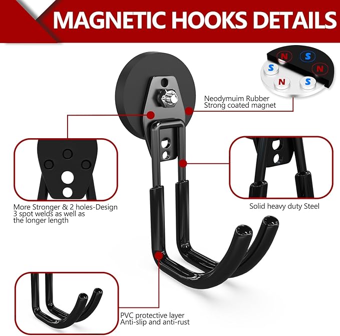 3-H Heavy Duty Magnet Garage Hooks 2 Pack, J Shape Strong Magnetic Hooks for Hanging Cordless Power Drill, Utility Magnetic Tool Holder for Metal Cabinet, Steel Pegboard, Toolbox, Garage(Black)