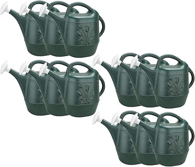 PMU 2 Gallon Watering Can - Garden Watering Can for Indoor & Outdoor Plants - Plastic Water Can with Detachable Sprinkler Head - Large Water Pot, Made in USA - Hunter Green Pkg/12