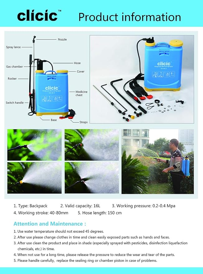 CLICIC Backpack Sprayer 4 Gallon (16L) - Knapsack Manual Hand Pump Sprayer for Garden Lawn Yard Farm