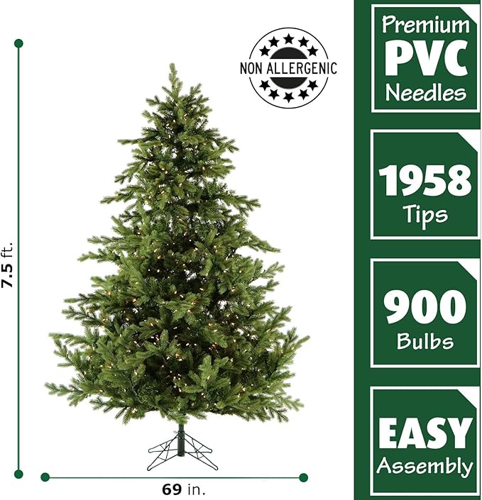 Fraser Hill Farm Woodside Pine Christmas Tree, 7.5 Feet Tall, Artificial Tree with Metal Base Includes White Incandescent Smart Lights, Artificial Holiday Tree Easy to Set Up and Easy to Connect