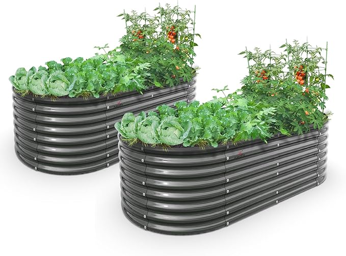 A ANLEOLIFE 6X3X2 ft Galvanized Raised Garden Beds Outdoor-2 Pack, Oval Large Metal Deep Root Planter Box for Planting Vegetables Flowers Herb, Anti-Rust & Easy-Setup, Quartz Grey