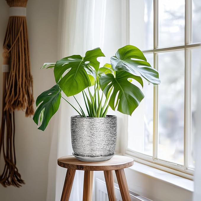 Ceramic Flower Pot - 7 Inch Ceramic Plant Pot for Indoor Flowers, Modern Outdoor Round Planter with Drainage Hole and Saucer, Gifts for Plant Lovers, Home Garden Decor, Silver