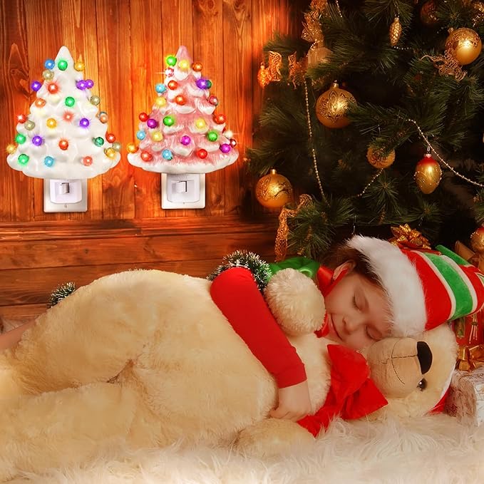 Tfro & Cile Ceramic Christmas Tree Night Light 2 Pack Xmas Decorative Tree Lamp Small Vintage Light Up Bathroom Decor with On/Off Switch for Home Bedroom