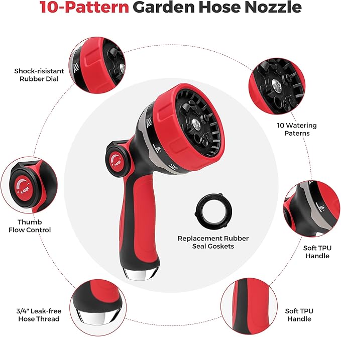 YASQA Garden Hose Nozzle,10 Spray Patterns | Standard 3/4”Diameter Garden Hose Thread Sprayer Durable Water Hose Nozzles No Leaking For Lawn & Garden, Watering Plant,Washing Car,Cleaning,Showering Pet