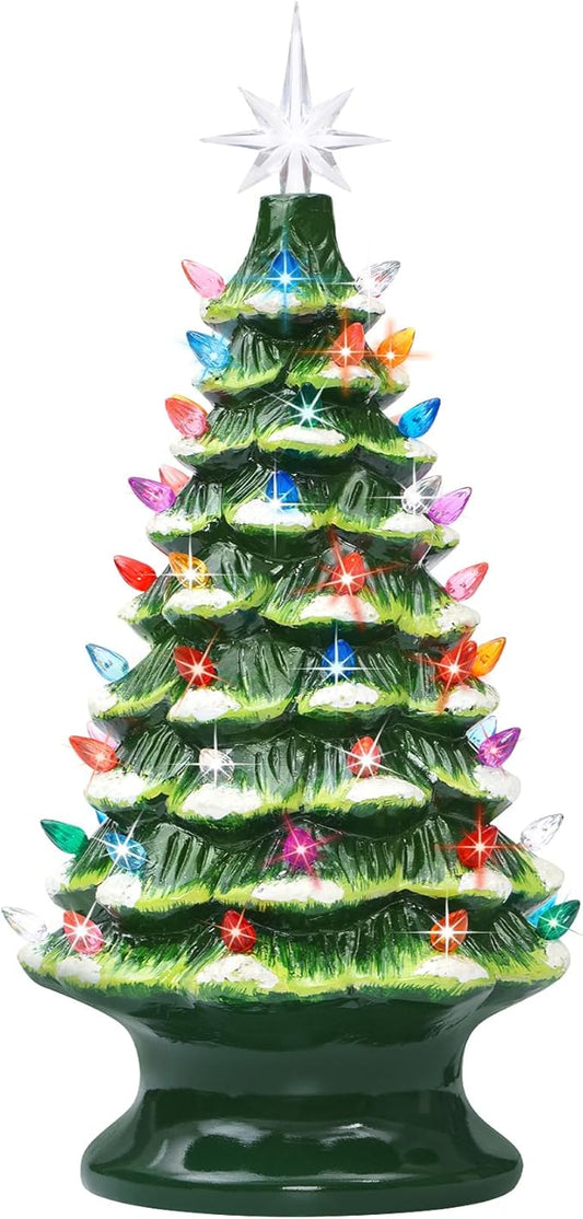 Lakumu 16.5" Table Top Christmas Tree, Hand Painted Resin Christmas Tree with Lights, Pre-lit Xmas Tree Decor Lighted Tabletop Decoration with Multicolored LED Bulbs, Ceramic-Like Finish