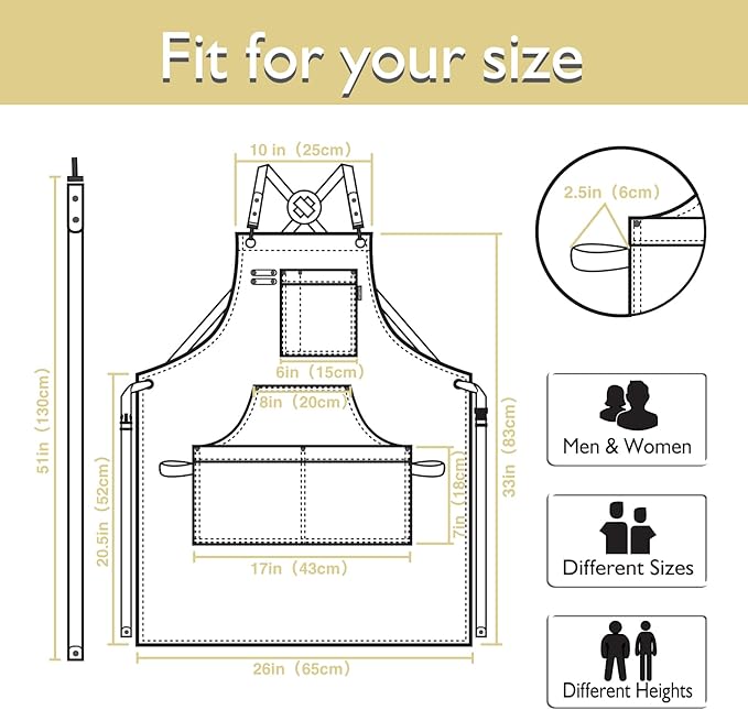 Kitchen Apron, Work Apron, Canvas, Multiple Pockets, Gardening, Painting, BBQ, Artist, Carpenter, Sizes M to XXL, Amber