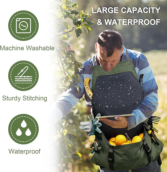 Extra Gardening Apron Waterproof Cross Back Apron, 600D Heavy Duty Apron Harvest and Large Quick Release Pockets