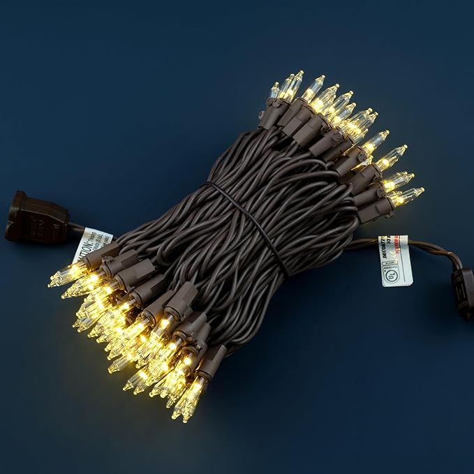 YULETIME 100 Count Clear Warm White Christmas Lights, 33 Feet Brown Wire UL Certified Incandescent-Like LED Mini String Lights