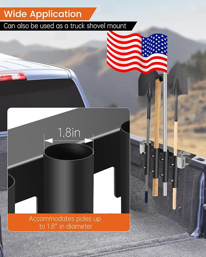 4-Hole No-Drilling Shovel Holder for Truck, Side Flag Mount for Truck, Shovel Rack for Truck Accommodates diameters up to 1.8" Flag Pole, Trimmers, Rakes, Shovels, Other Lawn Tools