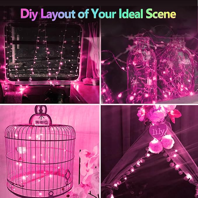 4 Pack 60 LED Christmas Fairy Lights Battery Operated with Timer, 20FT Waterproof Twinkle Lights Indoor Outdoor, String Lights for Bedroom, Wedding, DIY, Centerpiece, Christmas Decorations(Pink)