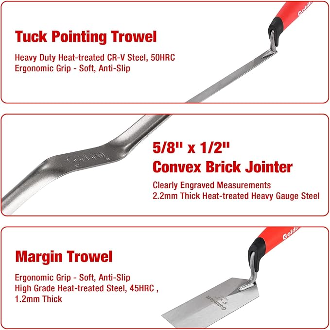 Goldblatt 6PCS Masonry Hand Tool Set - 11" x 5-1/2" Philadelphia Brick Trowel, 2PC Pointing Trowel, 5" x 2" Margin Trowel, 1/2" Tuck Pointing Trowel, 5/8” x 1/2” Convex Brick Jointer