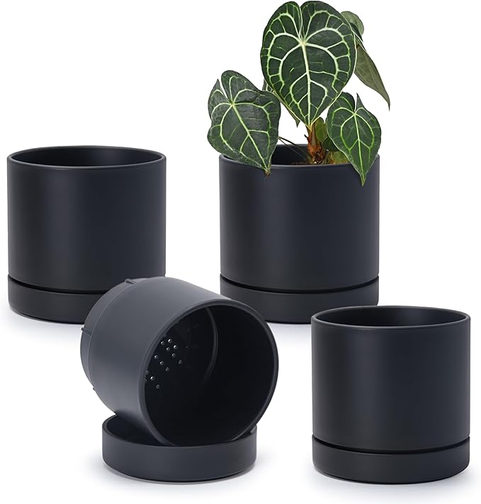 Phoenix Vine 6 Inch Planter Pot with Drainage Hole & Saucer, Deep Water Catch Tray, Straight Cylindrical Round Pot for Plants, Matte Black, Pack of 4, 23-C-S-4