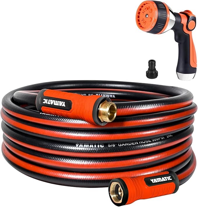 YAMATIC Garden Hose 25ft x 5/8in, Durable Water Hose with 10 Function Hose Nozzle, Swivel Handle, Kinkless, Leakproof, 3/4" Solid Brass Connections for Backyard Lawn Car Wash
