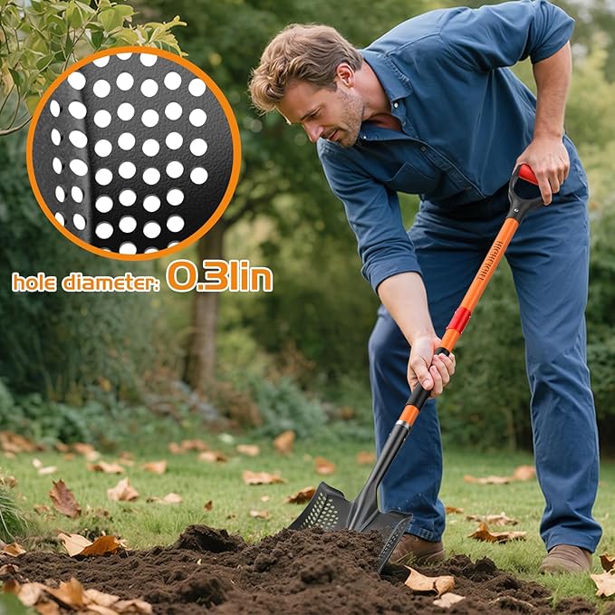 HIGHLIGHT Sifting Shovel, Heavy Duty Metal Sand Sifter for Beach, 45" Long Sifter Shovel for Beach Fun, Chicken Coop, Farm Goat Stall Sand Poop Cleaning, with Ergonomic D-Grip Handle