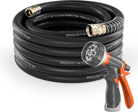 Garden Water Hose 75 ft x 3/4 in Heavy Duty, Flexible and Lightweight, Burst 600 psi, Kink-less Hybrid Rubber Pipe for Backyard, 3/4'' Brass Fittings, Black