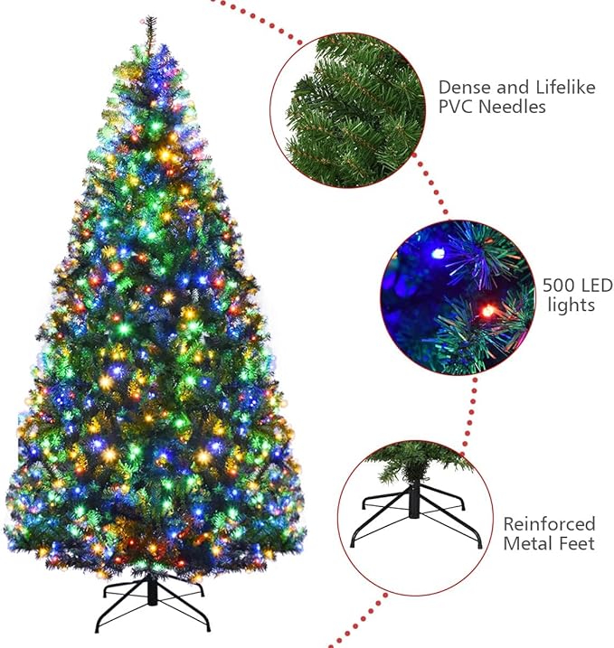 HAPPYGRILL 7FT Pre-lit Artificial Christmas Tree with 500 LED Lights, 1570 PVC Branch Tips and Foldable Base, Premium Spruce Tree Hinged Xmas Tree with 11 Color Modes for Holiday Decor