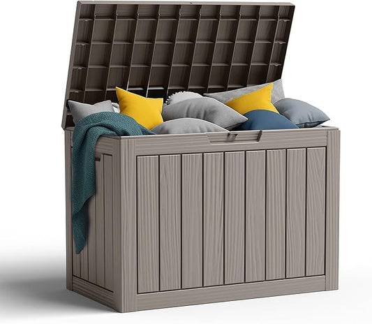 45 Gallon Resin Deck Box, Lockable Patio Outdoor Storage Box for Furniture, Garden Tools and Tools Storage, Waterproof Outside Storage Boxes - Grey