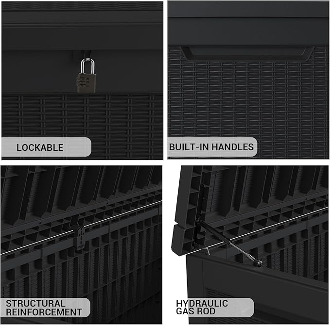 DRATO 260 Gallon Deck Box, Outdoor Large Waterproof Resin Storage Box with Lockable Lid for Patio Cushions, Gardening Tools, Black