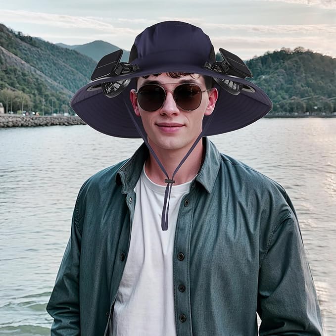 Wide Brim Solar Fan Outdoor Fishing Hat with 2 Solar Fan UPF 50+ Sun Bucket Hat Waterproof Breathable Fishing Hat Bucket Hat