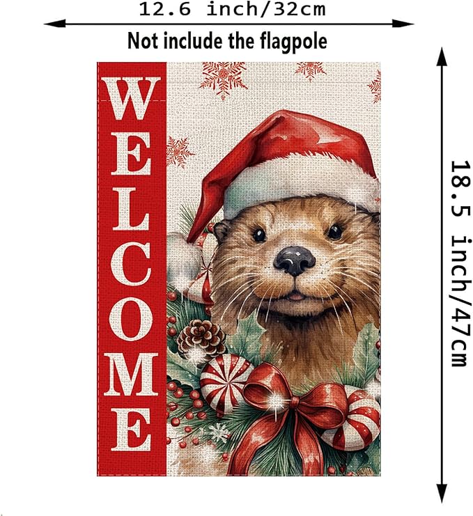 Christmas Garden Flag Welcome Xmas Otter Winter Holiday Decorations Burlap Vertical Double Sided Farmhouse Yard Lawn Outdoor Decor 12.5 x 18 Inch