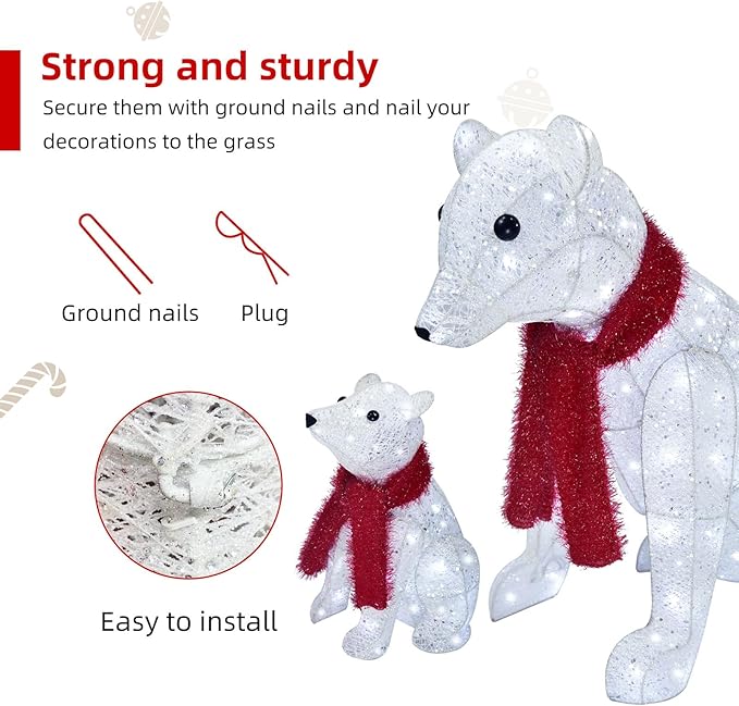 Lighted Polar Bear Family 2PCS - Large All-Weather Pre-Lit Outdoor Christmas Décor for Front Yard and Lawn with 140 Pre-Strung LED Lights, Zip Ties, Extension Cord, and Ground Stakes - Red/White