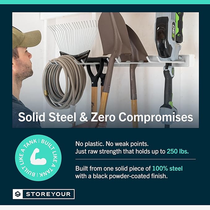 StoreYourBoard Wall-Mounted Rack With 4 Garage Hooks, Gray – Heavy-Duty Steel Holder Garage & Garden Storage for Shed, Workshop, or Home Organization – For Rakes, Shovels, Tools & More – 1 Pack, Gray